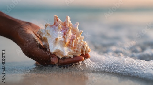Fototapeta Naklejka Na Ścianę i Meble -  Nature Sounds Hand Holding Conch Shell by the Ocean for Serene Beach