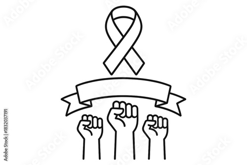 Hands raised in solidarity with a ribbon symbolizing support for a cause and an empty banner at the bottom for messages
