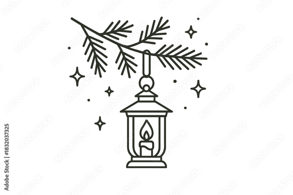 Naklejka premium Elegant lantern hanging from a pine branch with stars twinkling in the night sky
