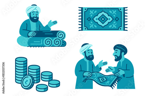 Discussion among traders about rugs and currency in a traditional market setting