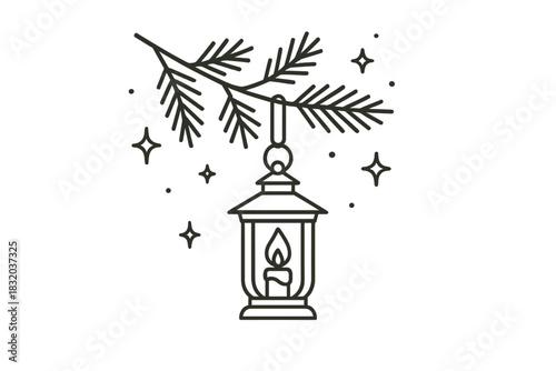 Elegant lantern hanging from a pine branch with stars twinkling in the night sky