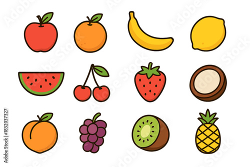 Bright and colorful collection of fruits arranged in a fun grid showing 12 different types