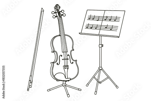 Violin with sheet music stand set up for practice session in a music room
