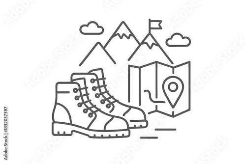 Obraz na płótnie Hiking boots and map near mountains with clouds and flag, perfect for outdoor ad