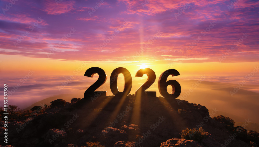 custom made wallpaper toronto digitalThe year 2026 prominently displayed on a mountain peak at sunrise, with golden light over a vast cloudscape. Symbolizing new beginnings.