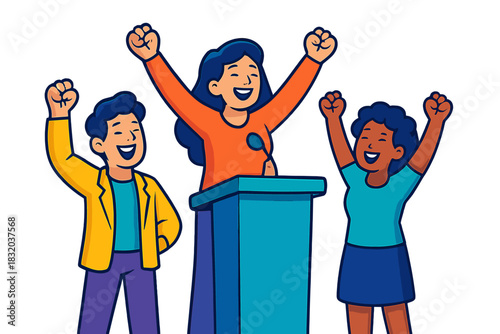 Group of people celebrating at a rally while showing support for a cause in a vibrant setting