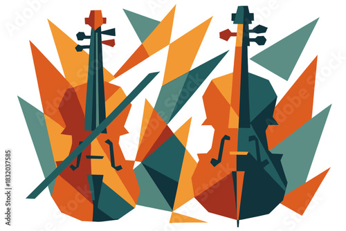 Colorful geometric design featuring two violins with abstract shapes in a vibrant display of colors and patterns
