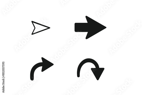 Different arrow designs in black and white for direction indication and navigation use in various applications
