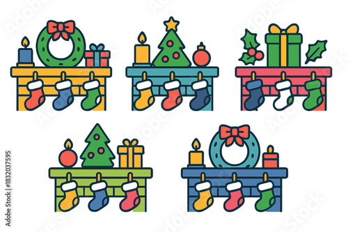 Festive holiday decorations featuring stockings, a tree, and gifts on a mantel