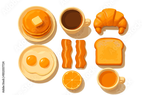 Delicious breakfast spread with pancakes, eggs, bacon, and drinks arranged neatly on a table