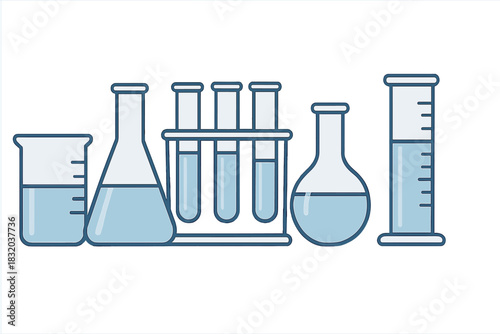 Various laboratory glassware arranged on a white background for science and chemistry experiments in a modern lab setting