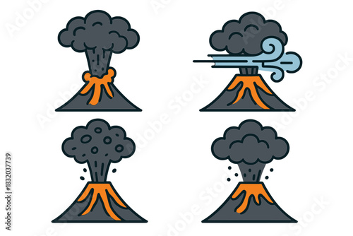 Different stages of a volcanic eruption showcasing explosive activity and lava flow dynamics in a simple artistic style