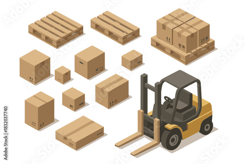 Forklift moves boxes and pallets in a warehouse setting during the day for efficient logistics operations