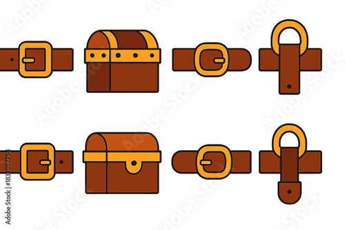Variety of leather accessories with belts and treasure chests displayed on a plain background