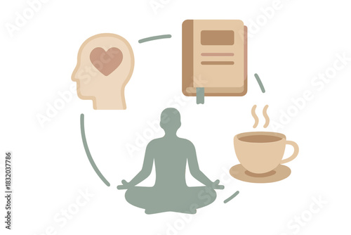 Mindfulness practice involves meditation, journaling, and enjoying a warm beverage for mental well-being