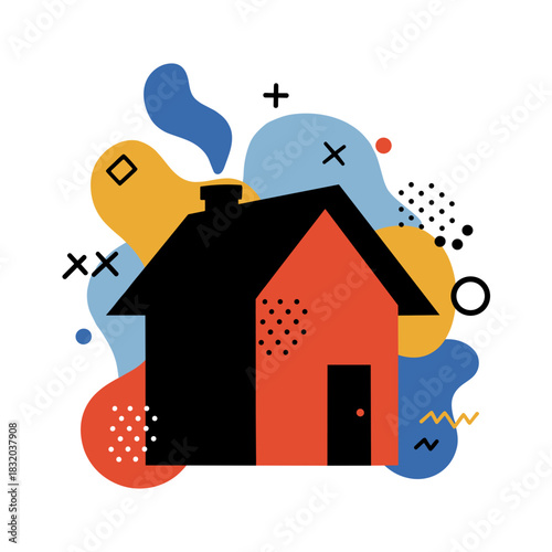 Red and black house with abstract colorful shapes and geometric patterns in vibrant flat design, symbolizing creativity and innovation