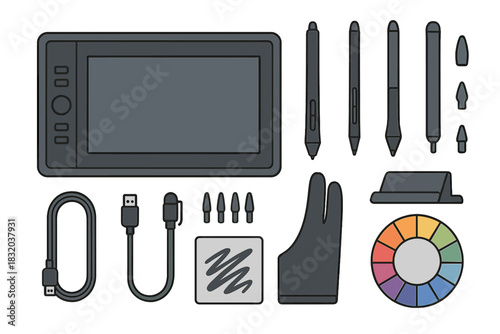 Digital drawing tablet kit with stylus pens, gloves, and accessories for artists and designers