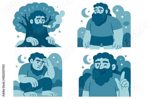 Man with a beard expresses various emotions in a series of illustrations set in a stylized nature scene