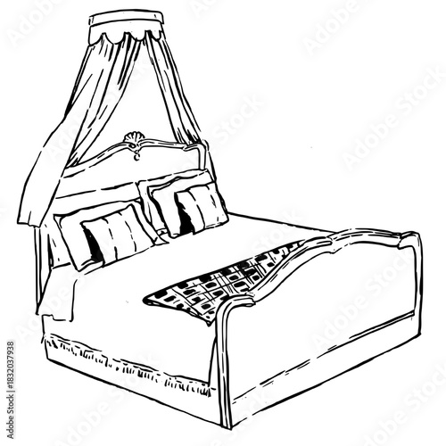 Canopy bed. Interior object in hand drawn doodle style vector illustration