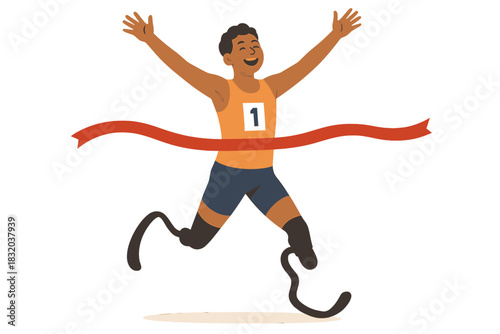 Runner crosses finish line with joy, celebrating victory at sports event