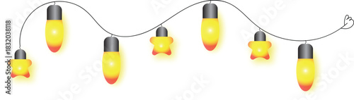 Yellow and red glowing string lights with star shapes on black wire orange