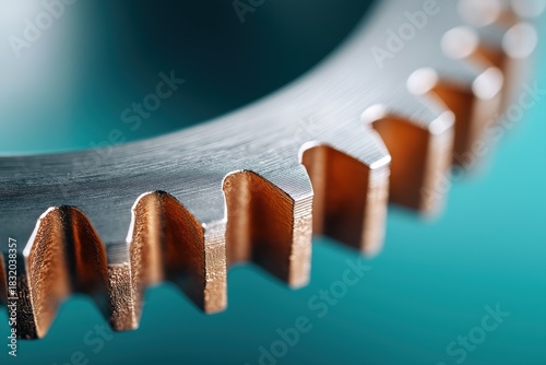Bronze gear rim with pointed involute teeth and brushed surface finish on turquoise mint gradient background