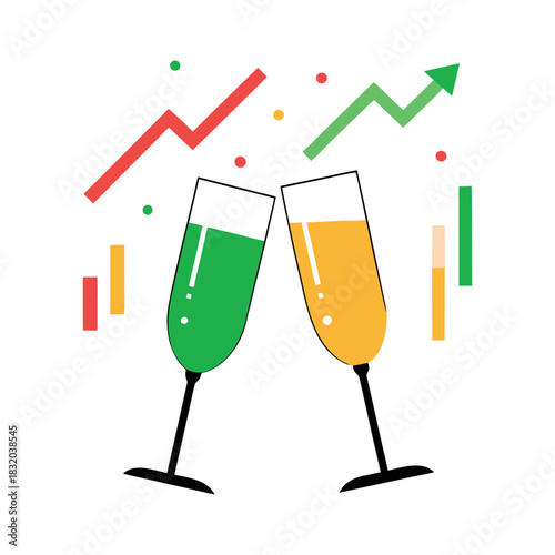 Champagne glasses clinking over stock chart golden champagne, green chart, red confetti, white background