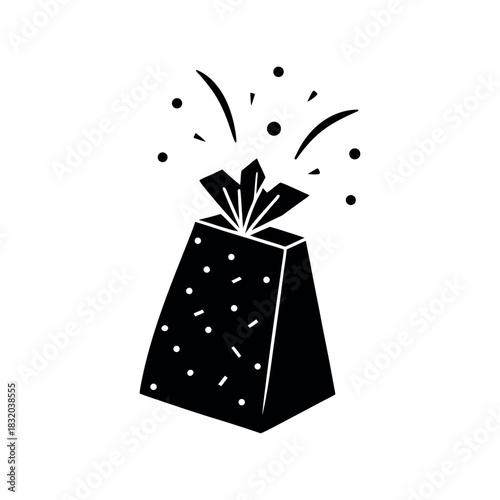 Black silhouette of a gift bag with stock symbols popping out, flat vector, white background
