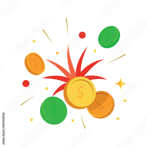 Coins exploding like fireworks gold coins, silver confetti, red and green sparks, white background