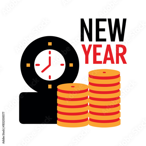 Coins stacked with New Year clock gold coins, black clock, red clock hands, white background