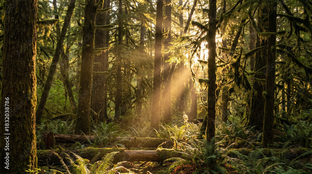 Obraz premium Sunlight beams pierce through ancient mossy temperate rainforest canopy