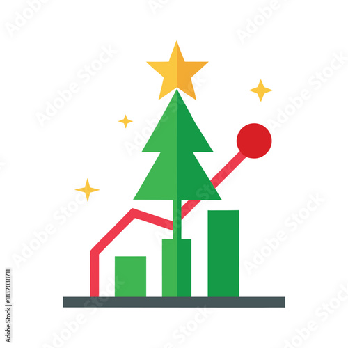 Stock chart arrow shaped like a New Year tree – green tree arrow, yellow star on top, red ornaments, white background