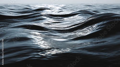 The vast ocean water, with gentle waves and sunlight reflection on the surface. Capturing the beauty of the sea's movement and texture
