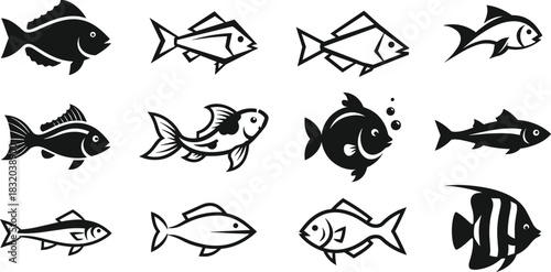 Collection of stylized fish silhouettes and line drawings