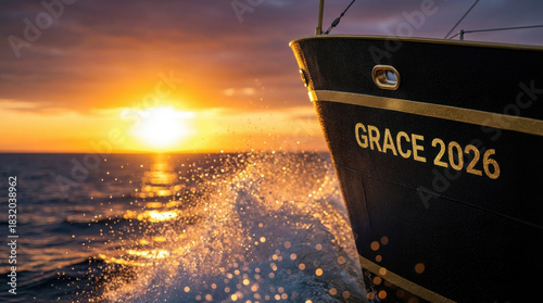 Bow of a black ship named Grace 2026 sailing into a golden sunset at sea. Inspirational New Year journey concept with splashing water and dramatic sunlight. Digital illustration.
