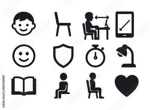 Vector Education and learning icons: desk, tablet, chair, stopwatch, book, heart, lamp