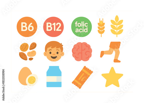 Vector Child nutrition: vitamins, food sources, and healthy lifestyle icons