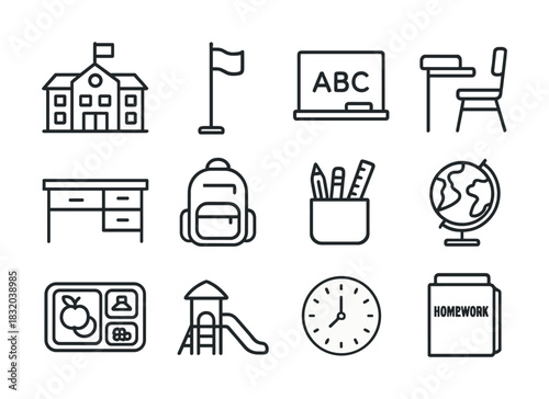 Vector School icons: building, flag, abc board, desk, backpack, supplies, globe, lunch, playground, clock, homework