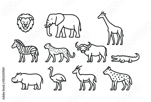 Vector Outline sketches of african safari animals including lion, elephant, and giraffe