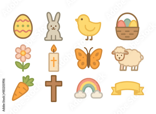 Vector Easter symbols collection: egg, bunny, chick, basket, flower, candle, cross, butterfly, sheep, carrot, rainbow, banner