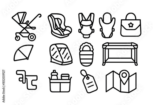 Vector Essential baby gear icons: stroller, car seat, carrier, changing table, diaper bag, travel map