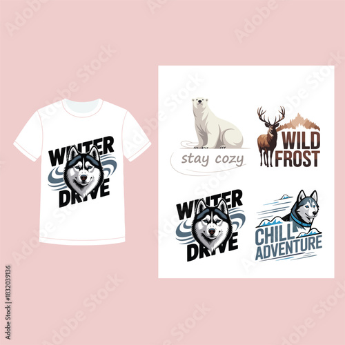 Winter themed apparel design with husky polar bear and deer elements