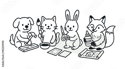 Vector Cute cartoon animals crafting together: dog, cat, rabbit, and fox engaged in creative activities