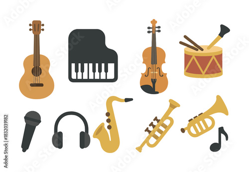 Vector Collection of musical instruments featuring guitar, piano, violin, and more