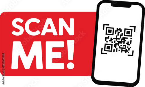 QR code scan, smartphone icon, scan me banner, mobile access, digital link, red alert graphic, tech prompt, call to action