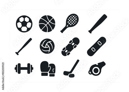 Vector Various sports equipment icons: soccer, basketball, tennis, baseball, volleyball, skateboarding, snowboarding