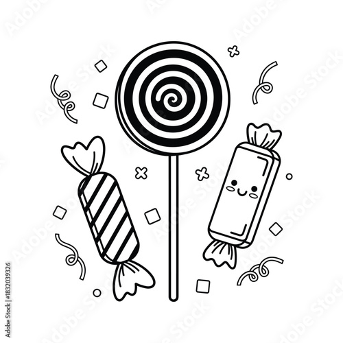 Black and white outline illustration of a swirl lollipop and two candies candy striped