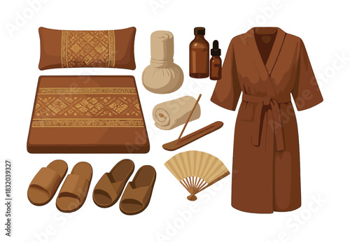Vector Thai spa essentials: massage mat, herbal compress, robe, slippers, and oils set