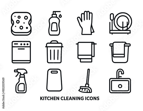 Vector Kitchen cleaning icons set: sponge, soap, gloves, dishes, trash, sink