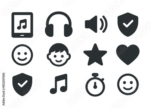 Vector Set of music icons and emoticons in black and white theme